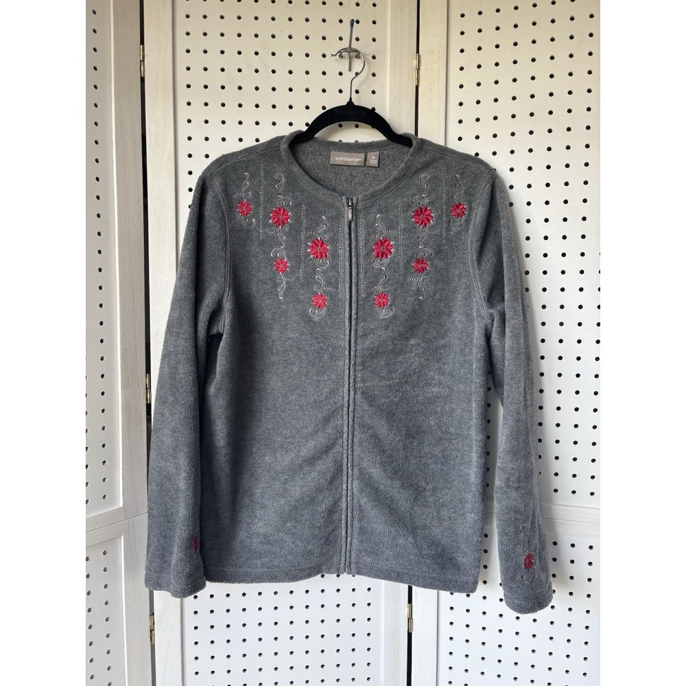 Croft & Barrow Women's M Gray Fleece Holiday Pointsettia Christmas Zip Sweater‎